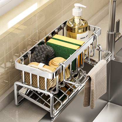 Multi-Function Sink Caddy Organizer with Sponge Holder, Soap Storage & Towel Bar